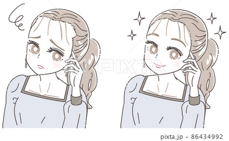 ヘアラインの丸み おでこの産毛を気にする女性のイラスト 86434992
