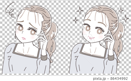 ヘアラインの丸み おでこの産毛を気にする女性のイラスト 86434992