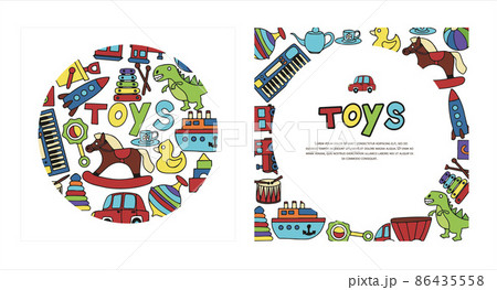 Vector toys doodle banners. Hand draw cards with toys icons for baby shower or scrapbook. Cute illustration for children 86435558