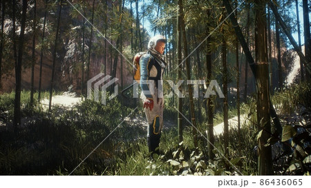 An astronaut explorer admires the red moon of an uncharted green planet. The concept of discovering and exploring new planets. 3D Rendering. An astronaut explorer admires the red moon of an uncharted green planet. The concept of discovering and exploring new planets. 3D Rendering. 86436065