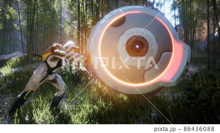 An astronaut on an alien planet tries to establish communication with home by drone. The concept of discovering new planets. 3D Rendering. 86436088