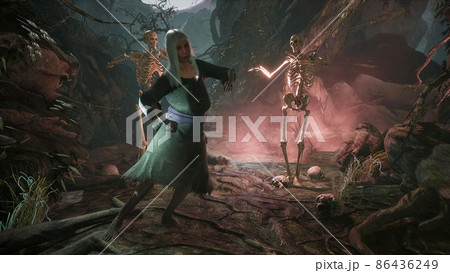 The old witch and her skeleton friends wish you an enjoyable and fun Halloween night. Halloween horror concept. 3D rendering. 86436249