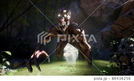 A horrible, toothy creature makes its way through a cave in the green jungle. A concept of a green jungle populated by monsters.The image is perfect for horror or apocalyptic backgrounds. 3D Rendering 86436256