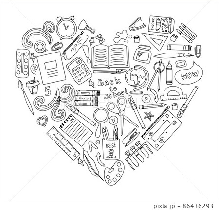 Back to school heart. Big vector doodle set. Stationery for school, university and office. Hand-drawn school supplies. A set of colored flat icons. Cartoon illustrations for elementary school. 86436293
