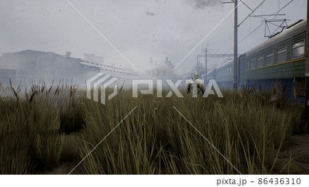 Post apocalyptic atmosphere with a lone survivor man and a train going nowhere. A man surviving a nuclear apocalypse. The image is ideal for sci-fi, military and apocalyptic backgrounds. 3D Rendering 86436310