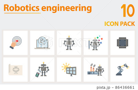 Robotics Engineering icon set. Collection of simple elements such as the 3d sensor, repair process, robotics crawler, robot design, industrial robots, remote control, robotics engineering. 86436661