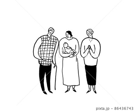 赤ちゃんを抱いた女性と老父婦、家族、線画（横、中央配置） 86436743