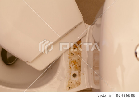 Soiled toilet under the lid. The concept of clean bathroom and toilet 86436989