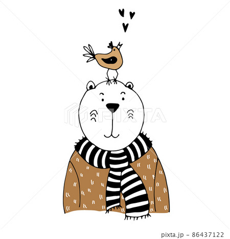 Allegory of friendship, a bear in scarf with a bird sitting on his head, best friends Allegory of friendship, a bear in scarf with a bird sitting on his head, best friends 86437122