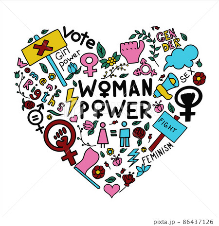 Vector doodle heart of feminism, women s rights. Grunge hand drawn vector icons for 8 march Feminism protest symbol isolated on transparency background. A rally to fight for voting rights 86437126
