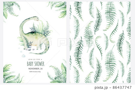 Cute cartoon baby dinosaurs collection watercolor baby shower invite, hand painted dino isolated on a white background for nursery poster decoration. Rex children funny art 86437747