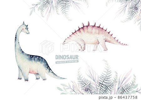 Cute cartoon baby dinosaurs collection watercolor illustration, hand painted dino isolated on a white background for nursery poster decoration. Rex children funny art Cute cartoon baby dinosaurs collection watercolor illustration, hand painted dino isolated on a white background for nursery poster decoration. Rex children funny art 86437758