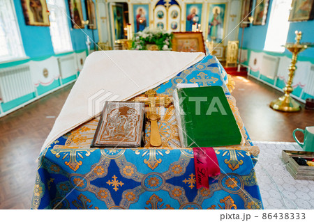 light blue decoration of the Orthodox church with pulpit 86438333