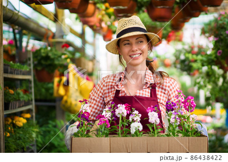 Smiling lovely young woman florist arranging plants in flower shop. The hobby has grown into a small business. 86438422