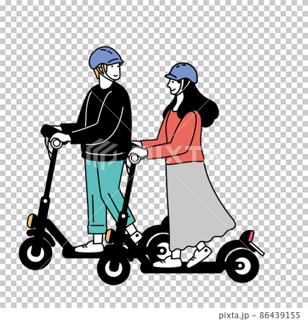 電動キックボード　電動キックスケーターに乗るカップルのイラスト 86439155