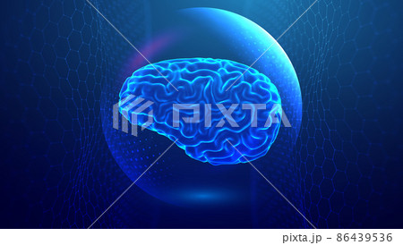 Brain power blue technology illustration. Artificial intelligence data analytics. 3d rendering. Hexagon wave background. 86439536