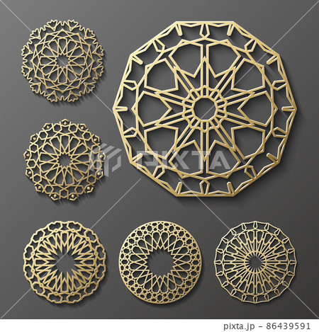 Islamic ornament vector , persian motiff . 3d ramadan round pattern elements . Geometric logo template set. Circular ornamental arabic symbols . 86439591
