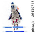 Jockey on horse. White Horse. Champion. Horse riding. Equestrian sport. Jockey riding jumping horse. Poster. Sport. White background. Isolated watercolor Illustration 86439748