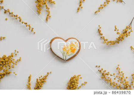 floral pattern of mimosa flowers on white backdrop. Copy space. Floral frame. floral pattern of mimosa flowers on white backdrop. Copy space. Floral frame. 86439870