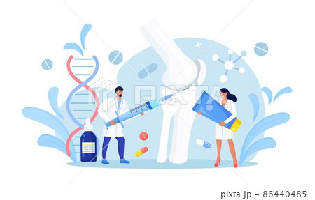 Tiny Orthopedics doctors examining human joints. Osteoarthritis, rheumatoid arthritis, joint disease. Knee Joint and bone treatment. Human anatomy.Traumatologist treat injured limb, broken bone 86440485