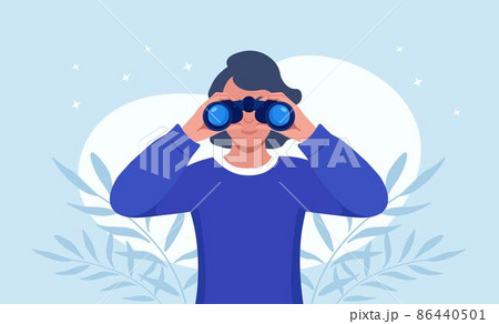 Happy woman holding huge binocular and looking far ahead. Girl is watching someone closely. Observation, discovery, future concept 86440501