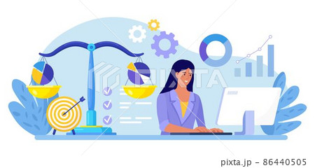 Benchmarking as business compare tool for improvement, progress. Woman analyse data, statistics. Scales with Charts, graphs. Comparison of quality and cost, performance to competitor companies 86440505