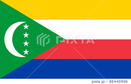 National Flag Union of the Comoros, Four horizontal stripes of yellow, white, red and blue,  with a green chevron based on the hoist side charged with a white crescent and four five-pointed stars