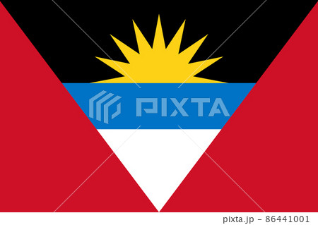 National Flag Antigua and Barbuda, horizontal tri-colour of black, blue, and white, with two red right scalene triangles on opposite sides. On the black band is a yellow half-sun with nine rays