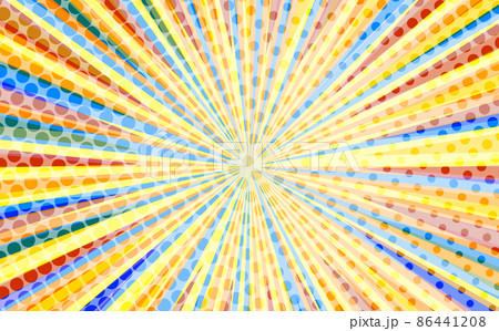 Pop art radial colorful comics book magazine cover. Striped blue digital background. Cartoon funny retro pattern strip mock up. Vector halftone illustration. Sunburst, starburst shape 86441208