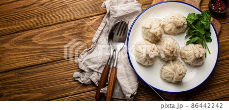 Khinkali, traditional dish of Georgian Caucasian cuisine, dumplings filled with ground meat 86442242