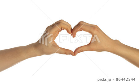 Two female hands show a heart shape on a white background. Gay Pride. LGBT concept. Isolated 86442544