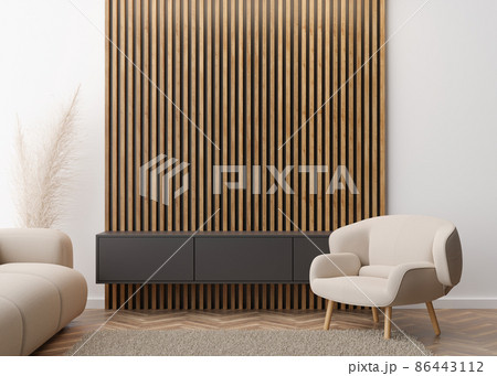 Empty decorative wooden wall in modern living room. Mock up interior in minimalist, contemporary style. Free space, copy space for your picture or poster. Armchair, sofa, pampas grass. 3D rendering. Empty decorative wooden wall in modern living room. Mock up interior in minimalist, contemporary style. Free space, copy space for your picture or poster. Armchair, sofa, pampas grass. 3D rendering. 86443112