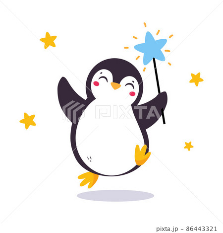 Cute Penguin with Red Cheeks Jumping with Magic...のイラスト素材