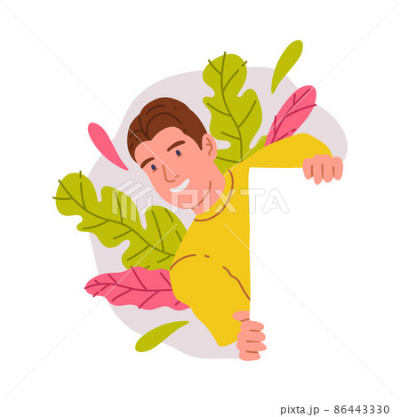 Smiling Man Peeking Out of Corner with Colorful Foliage Vector Illustration Smiling Man Peeking Out of Corner with Colorful Foliage Vector Illustration 86443330