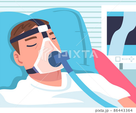 Man Patient in Hospital Having Artificial Lung Ventilation Being in Critical Condition Lying on Bed with Mask Vector Illustration 86443364