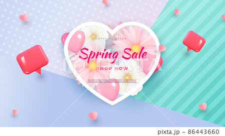 Spring sale banner with flowers on colorful background. Frame in the shape of a heart. Vector illustration. 86443660