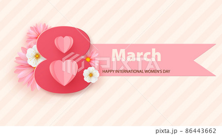 March 8, Women s Day greeting card with chamomile flower. Background in pastel colors with a geometric pattern. Vector 86443662