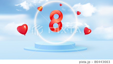 Round podium or plinth on a minimal stage. Mockup studio for product presentation, branding. Volumetric red number 8 in the sky. Balloons in the shape of a heart. Vector illustration Round podium or plinth on a minimal stage. Mockup studio for product presentation, branding. Volumetric red number 8 in the sky. Balloons in the shape of a heart. Vector illustration 86443663
