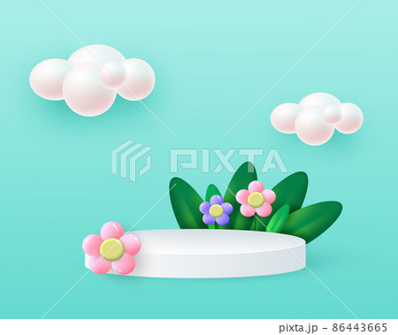 Minimal stage with light cylindrical podium. Spring composition with ceramic flowers, grass and clouds. Stage for product demonstration, showcase. Vector illustration Minimal stage with light cylindrical podium. Spring composition with ceramic flowers, grass and clouds. Stage for product demonstration, showcase. Vector illustration 86443665