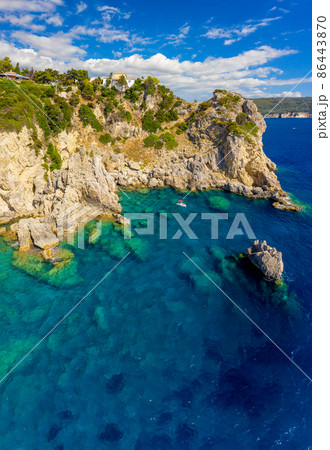 Sunny aerial Greece landscape mediterranean sea Sunny aerial Greece landscape mediterranean sea 86443870