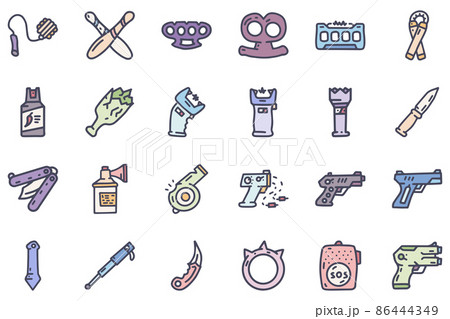 Self defence weapon color vector doodle simple icon set Self defence weapon color vector doodle simple icon set 86444349