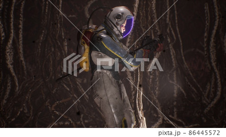 An astronaut walks through a creepy alien cave inhabited by nightmarish creatures. The concept of colonizing distant unexplored planets.The image is perfect for space, sci-fi backgrounds. 3D Rendering An astronaut walks through a creepy alien cave inhabited by nightmarish creatures. The concept of colonizing distant unexplored planets.The image is perfect for space, sci-fi backgrounds. 3D Rendering 86445572