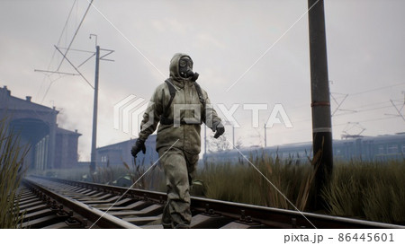 A stalker walks along railway tracks in a desolate, dreary post-apocalyptic world. A man surviving a nuclear apocalypse. The image is ideal for sci-fi and apocalyptic backgrounds. 3D Rendering 86445601