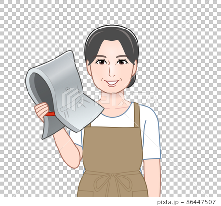 防災頭巾を持った主婦 86447507