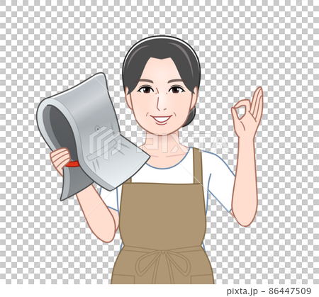 防災頭巾を持った主婦 86447509
