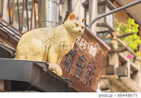 東京 谷中 谷中ぎんざ商店街の屋根に立つリアルな木彫り猫の写真素材