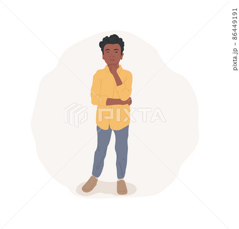 Doubt isolated cartoon vector illustration. Confused little boy having doubt, serious face expression, people psychology, kids socio-emotional development, uncertainty state cartoon vector. 86449191