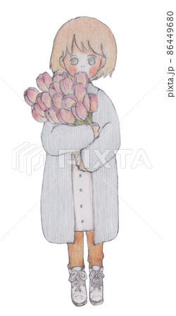 手描きイラスト、チューリップを持った女性のイラスト素材 [86449680 