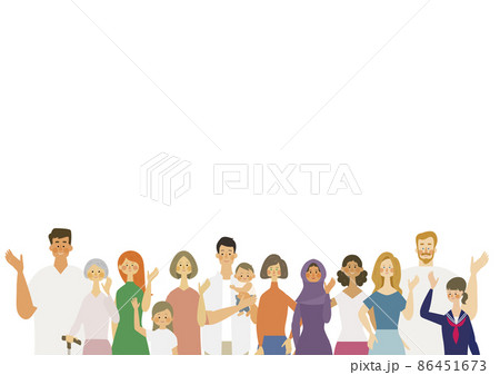 様々な人が並んで手を振っているイラスト 様々な人が並んで手を振っているイラスト 86451673