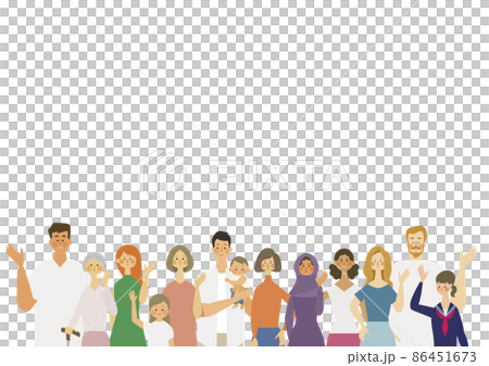 様々な人が並んで手を振っているイラスト 様々な人が並んで手を振っているイラスト 86451673
